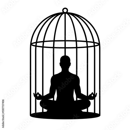 Emotional hopelessness. The silhouette of a person sitting inside a cage. A symbol of mental impasse, inner prison, limited freedom, feelings of hopelessness, and psychological crisis.