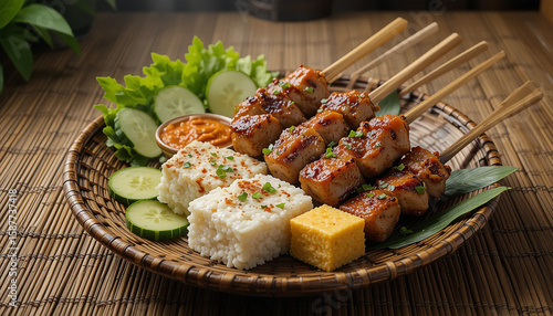 Sate Ayam with Rice Cake and Peanut Sauce