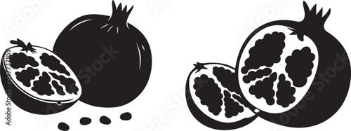 Two pomegranates one whole and one halved with seeds silhouette