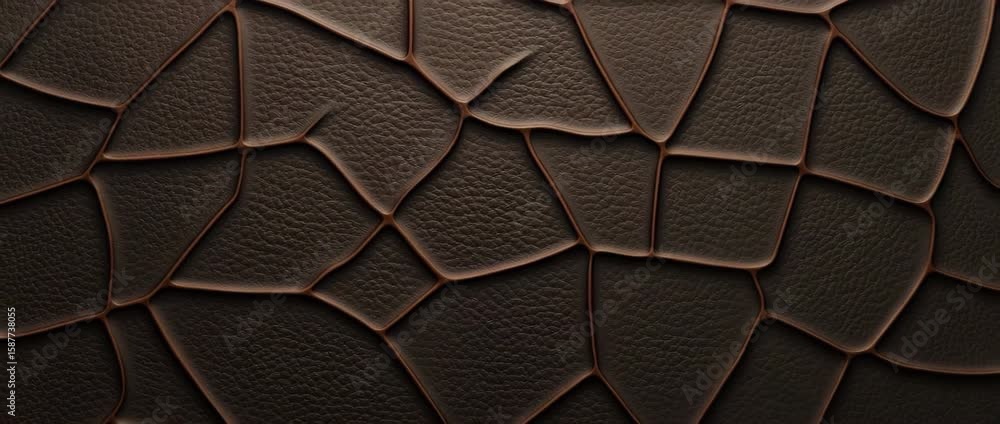 Cracked dark brown leather texture featuring irregular polygonal shapes and detailed grain, creating rugged, tactile, natural surface with rich depth and sophisticated embossed patterns