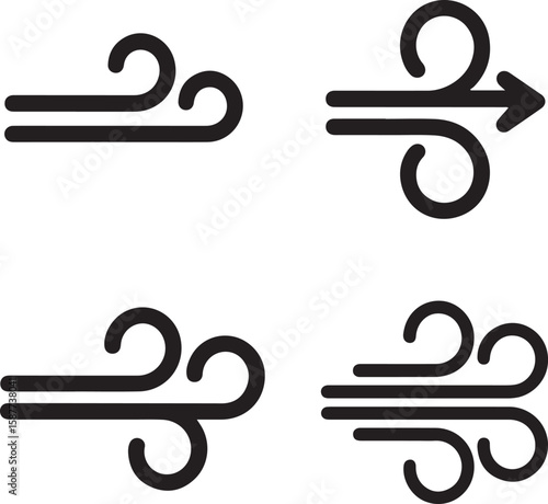 Four black wind icons gust breeze