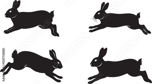 Four black rabbit silhouettes in dynamic running poses silhouette