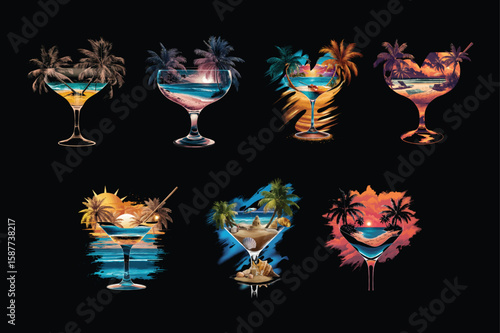 Tropical beach scenes in cocktail glasses ocean palm trees