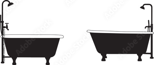 Two vintage clawfoot bathtubs with shower heads and faucets silhouette