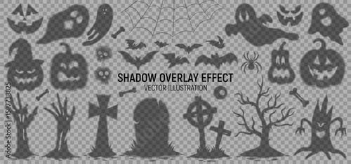 Transparent shadows for decoration Halloween. Vector zombie hand, tombstone, crosses, pumpkins, ghosts, spider web, bat, scary trees, bones isolated on checkered background. Set of Halloween symbols.