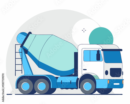 Flat illustration of a stylized blue cement mixer truck against a white background perfect for construction themes.