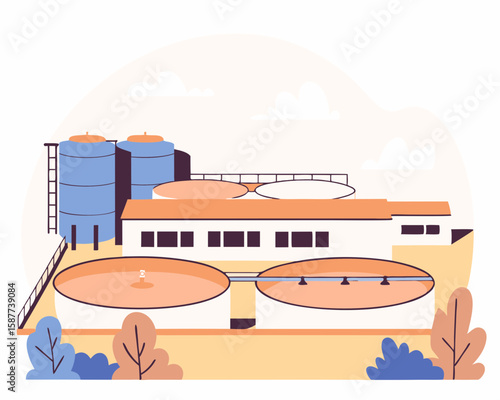 Illustrated flat design of a water treatment plant showing infrastructure and environment with tanks and purification