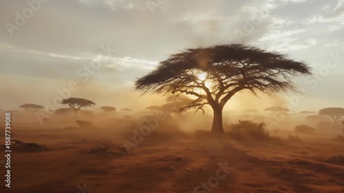 Majestic acacia tree silhouetted against a hazy dusty sunrise in an african savanna landscape