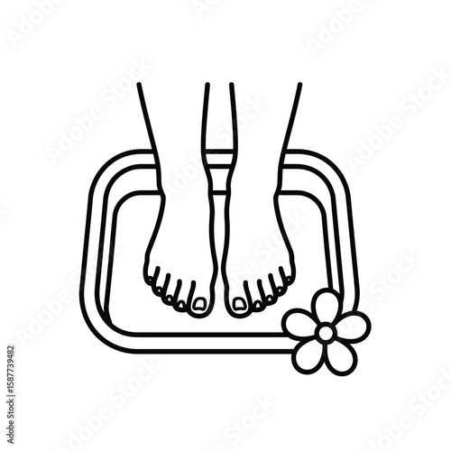Foot Spa Treatment Outline Icon with Flower and Water Basin