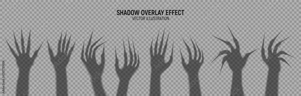 Set of Halloween scary hands. Collection of transparent shadows of witches hands with long nails for Halloween decoration. Vector illustration of scary monster hands isolated on checkered background.