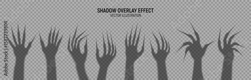 Set of Halloween scary hands. Collection of transparent shadows of witches hands with long nails for Halloween decoration. Vector illustration of scary monster hands isolated on checkered background.