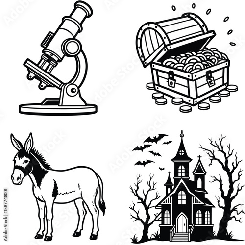 Vector art of a collection of four classic black and white illustrations microscope, treasure chest, donkey, and haunted house