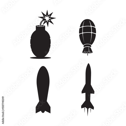 Set of four black silhouette icons representing different types of weaponry