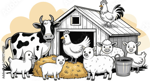 Farm animals gathered around a barn with hay and a bucket sheep chicken