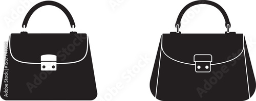 Two classic black handbag silhouettes with handles and clasps on a white background