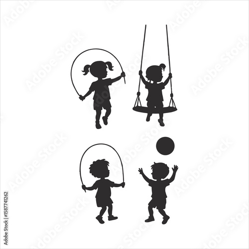 Children s silhouettes enjoying outdoor activities like jumping rope swinging and playing ball
