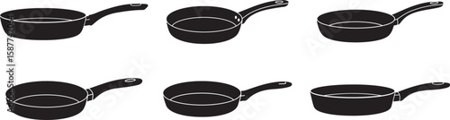Set of six black frying pans and saucepans with handles in a flat design silhouette