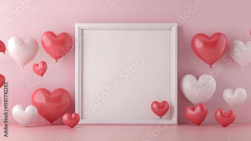Valentine heart balloon decoration with blank white frame pink background romantic festive love celebration red and white colors heart shaped balloons cheerful atmosphere festive love celebration