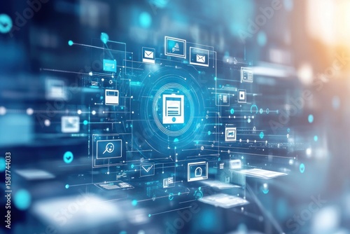 Smart document management system concept, icons of workflow and AI-based approval