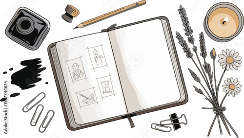 Sketchbook with inkwell pencil candle and flowers vector