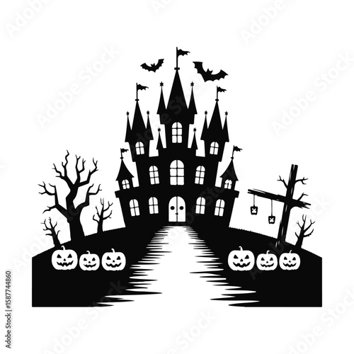 Spooky halloween castle silhouette with pumpkins bats and a creepy tree