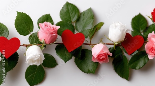 Pink and white roses with green leaves are intertwined with red paper hearts on a white background.