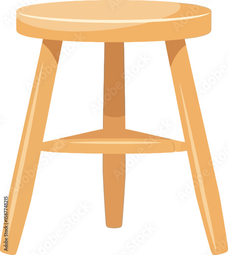 A simple light brown wooden stool with three legs and a round seat on white background