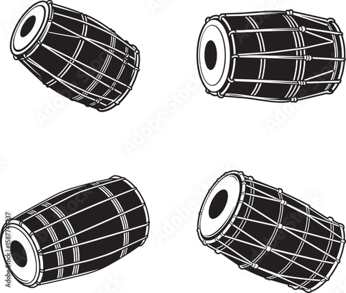 Four dhol drums in black and white silhouette style