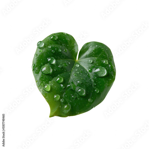 Close-up of a vibrant green leaf with water droplets, symbolizing nature's freshness and beauty. Isolated on a white background for clear visibility.
