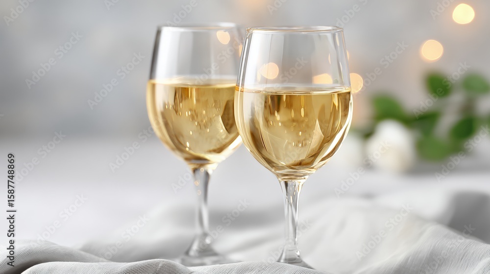 Two glasses of white wine on a soft fabric with a blurred background of warm lights and green leaves, creating a cozy and elegant atmosphere. Two glasses of white wine on a soft fabric with a blurred background of warm lights and green leaves, creating a cozy and elegant atmosphere.