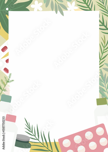 Blank medical poster on floral background with pills for healthy lifestyle promotion. Medical poster includes bottle of medicine and leaf decoration for pharmacy promotions.