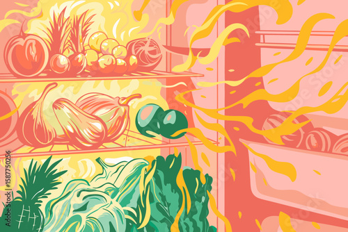 Hot fridge overloaded with fruits and vegetables, an illustration presenting food spoilage. Hot fridge containing fresh food becomes spoiled through heat.