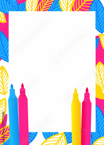Blank card mockup features colored markers with a bright floral design around a frame. Blank card mockup invites you to add your own design and text in frame.