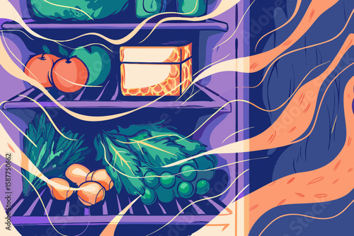 Fresh food in refrigerator, showcasing crisp apples and lettuce on shelves, evokes healthy eating. Fresh food displayed with organized vegetables and fruits offers freshness.