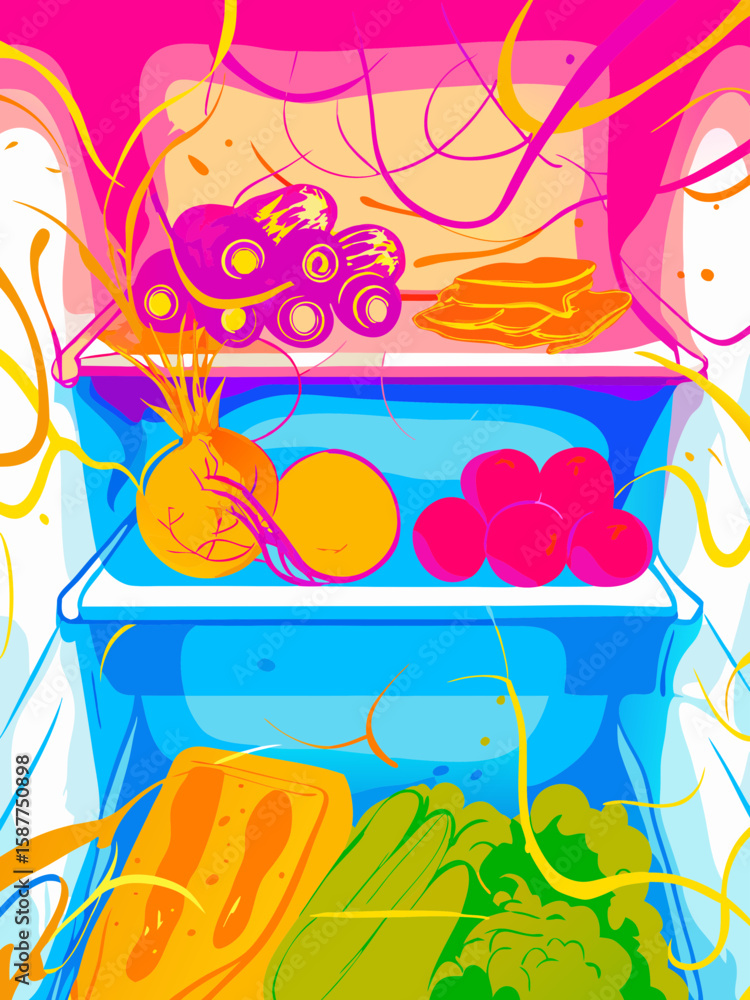 Fototapeta premium Vibrant Illustrated Refrigerator with Colorful Vegetables and Fruits for Healthy Eating Blogs, Nutrition Awareness Websites, Food Education, and Lifestyle Social Media Content 