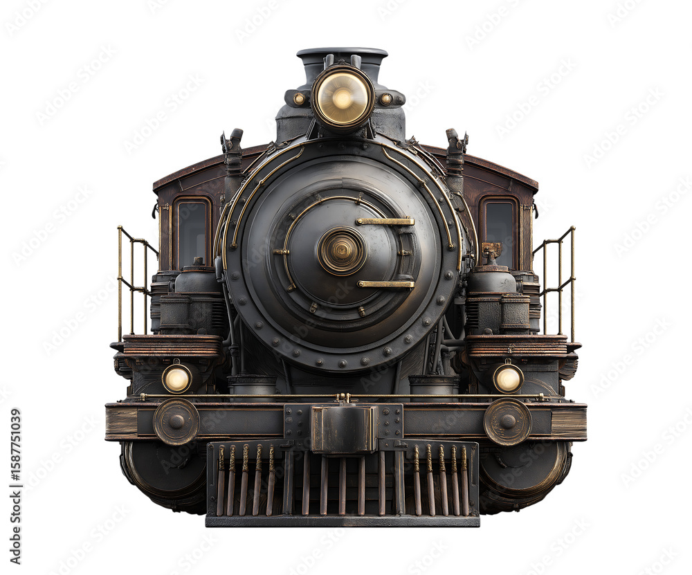 Fototapeta premium Vintage train front view icon, old train locomotive isolated on a transparent background