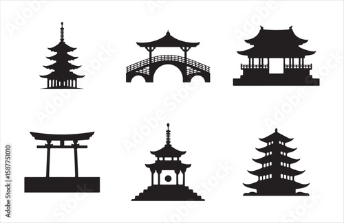 Collection of traditional japanese architecture silhouettes pagodas torii gate and bridge