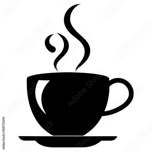Simple black silhouette of a steaming teacup with a handle isolated on white background