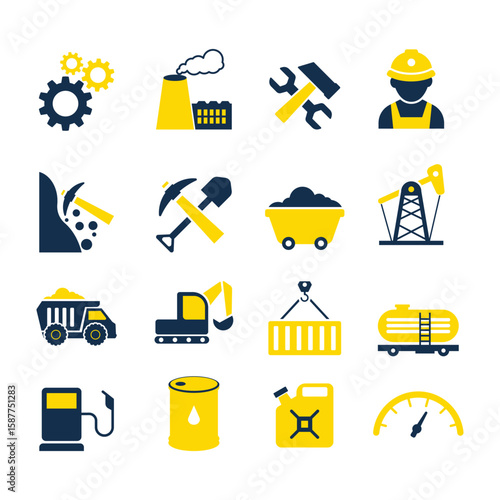 Industrial and Mining Icon Set – Flat Vector Icons of Excavator, Dump Truck, Oil Barrel, Fuel Pump, Construction Worker, Gear, Gas Can, Factory, Tools, and Heavy Machinery Elements for Industry
