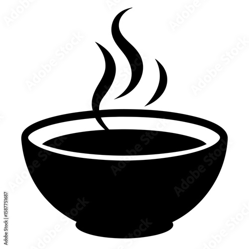 Simple silhouette of a bowl of hot soup with steam rising isolated on white background