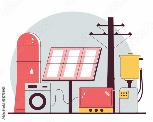 Clean energy and sustainable living concept depicted through colorful illustration of solar panels and appliances