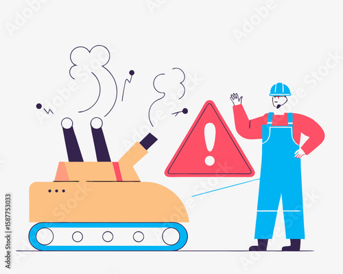 Construction worker alerted by caution sign near a cartoon tank with transparency for versatile design use