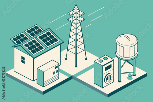 Isometric illustration depicting sustainable energy and infrastructure with solar panels, power lines and water tower