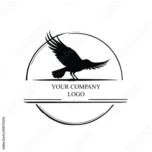 Black silhouette of a soaring bird in a circular emblem with text. Abstract design with a company logo with a flying bird silhouette against a sunlit backdrop.