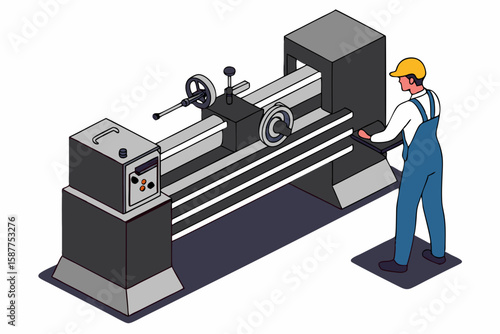 Isometric illustration of a lathe machine in a workshop with a technician ready for operation