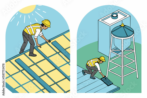 Solar panel installation process depicted with two construction workers near water tower on transparent background
