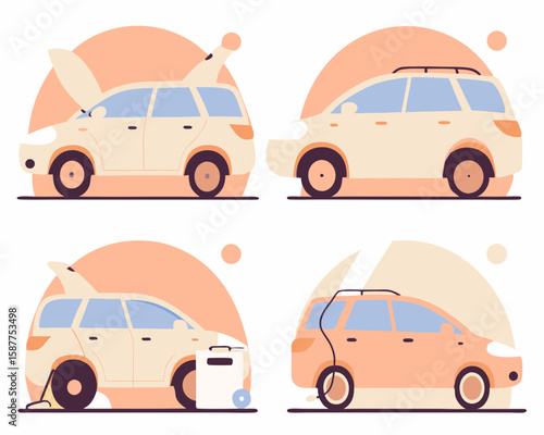 Stylized illustration of a car representing different aspects such as hood open, servicing, and charging, perfect for design.