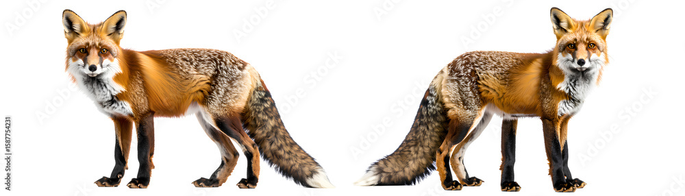 Fototapeta premium Set of Adult Red Fox Glancing Over Shoulder, Standing Pose, Transparent Background PNG