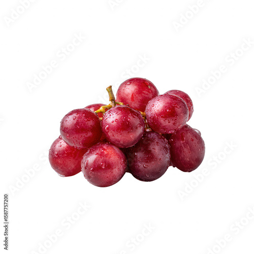Fresh bunch of juicy red grapes with water droplets on a white isolated background. Perfect for health-related imagery and food styling.
