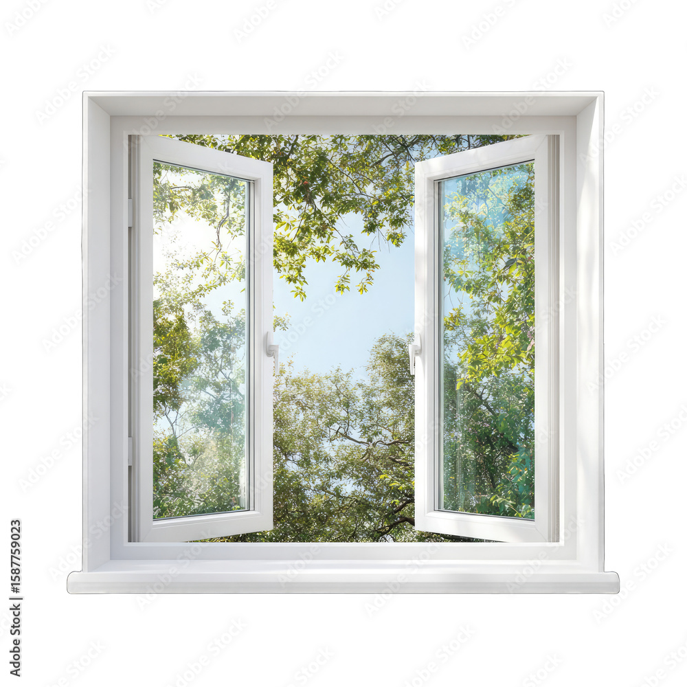 Obraz premium Open window, white frame, view of trees and sky